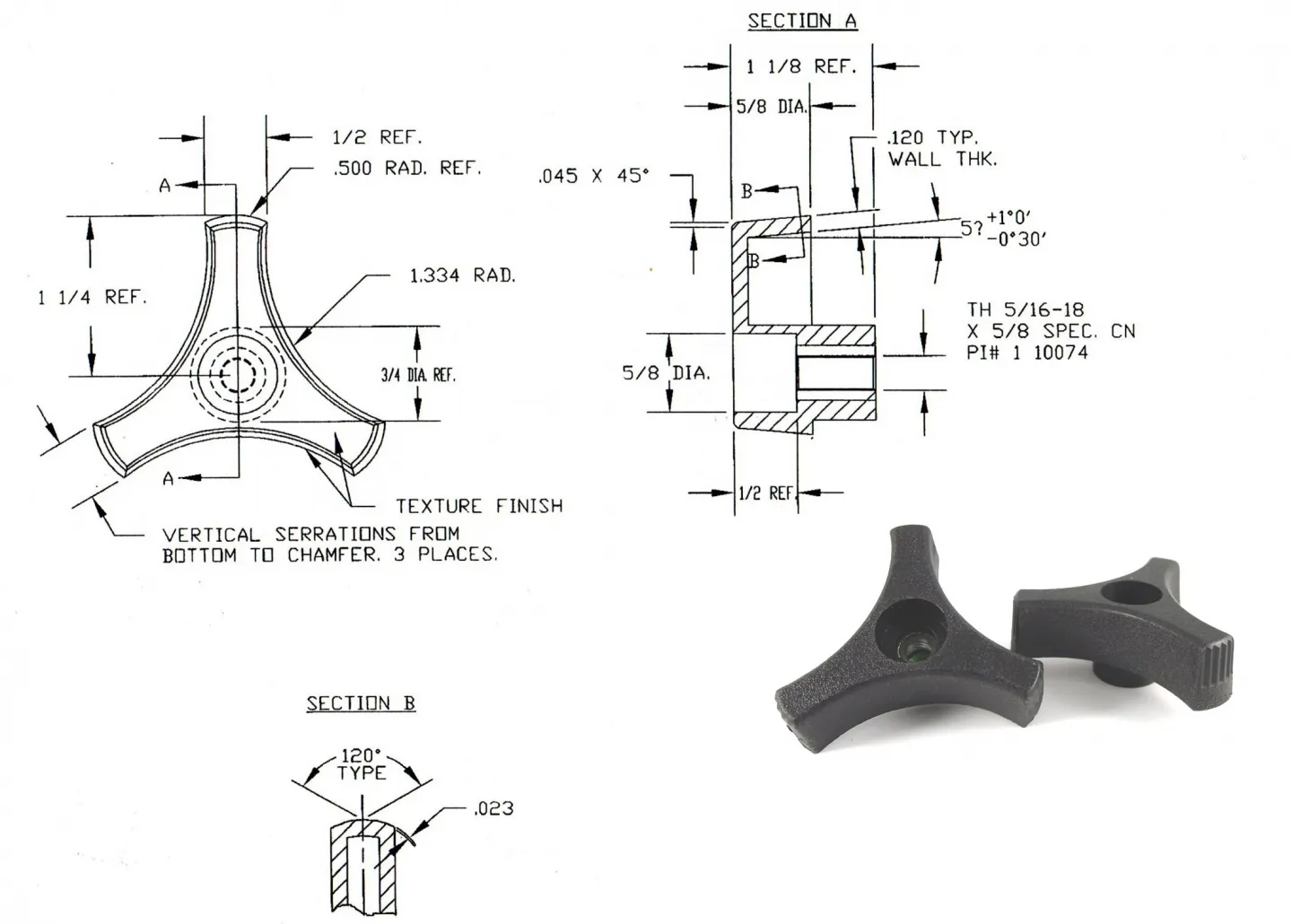Three Arm Knobs #416 Dimension