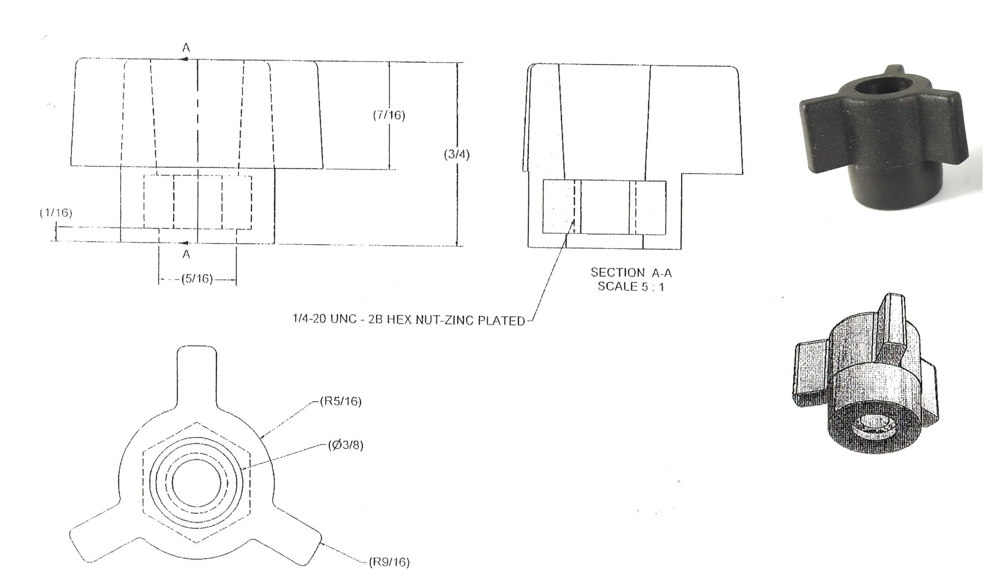 Three Prong Knobs #945 Dimension