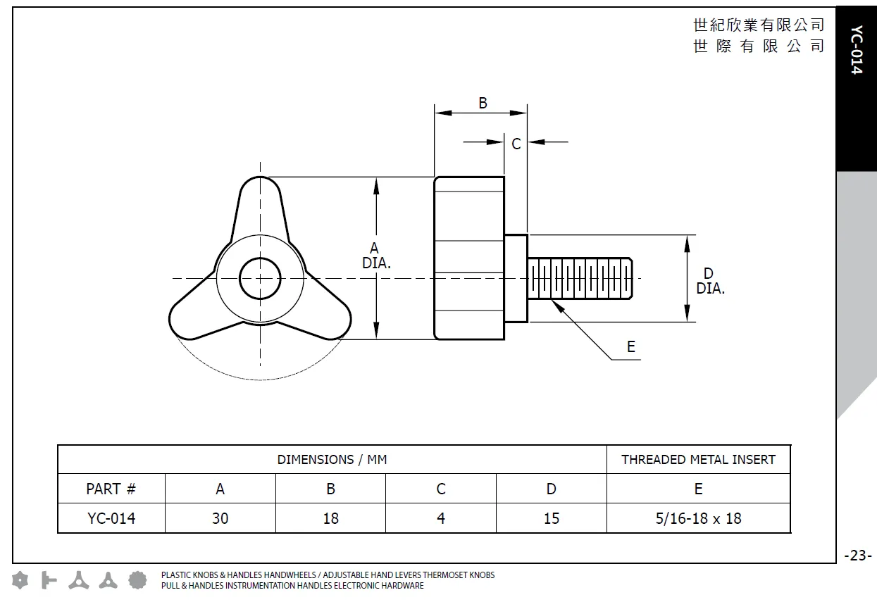 Three rib knobs YC-014 dimension